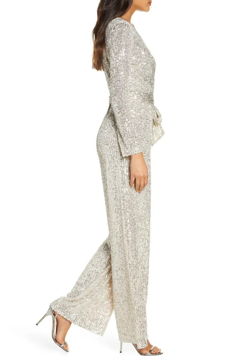 Sequin Wrap Front Long Sleeve Jumpsuit | Nordstrom