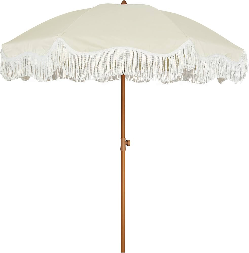 AMMSUN 6.5ft Boho Outdoor Umbrella with Fringe, UPF 50+ Picnic Umbrella with Tassels, Premium Ste... | Amazon (US)