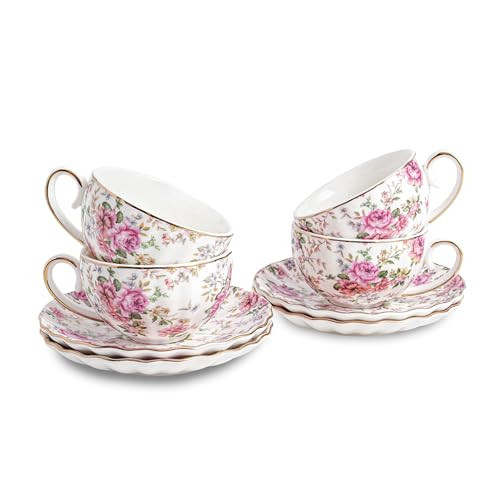 Agyiuns Tea Cup and Saucers, 6.4oz Floral Tea Cups with Gold Trim, Porcelain Teacup, Coffee Cappuccino Espresso Latte Mugs for Party Birthday,Party Cafe Home, Christmas Gift (White) | Amazon (US)