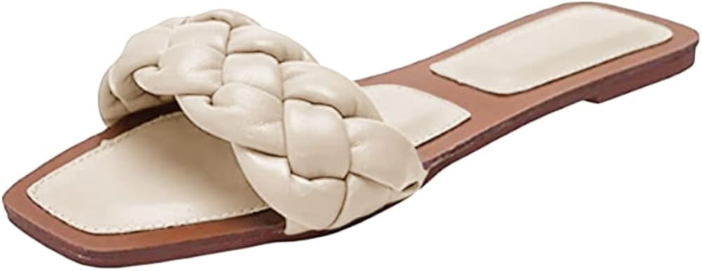 Womens Square Open Toe Flat Sandals Slip On Mule Slides Braided Strap Slipper | Amazon (US)