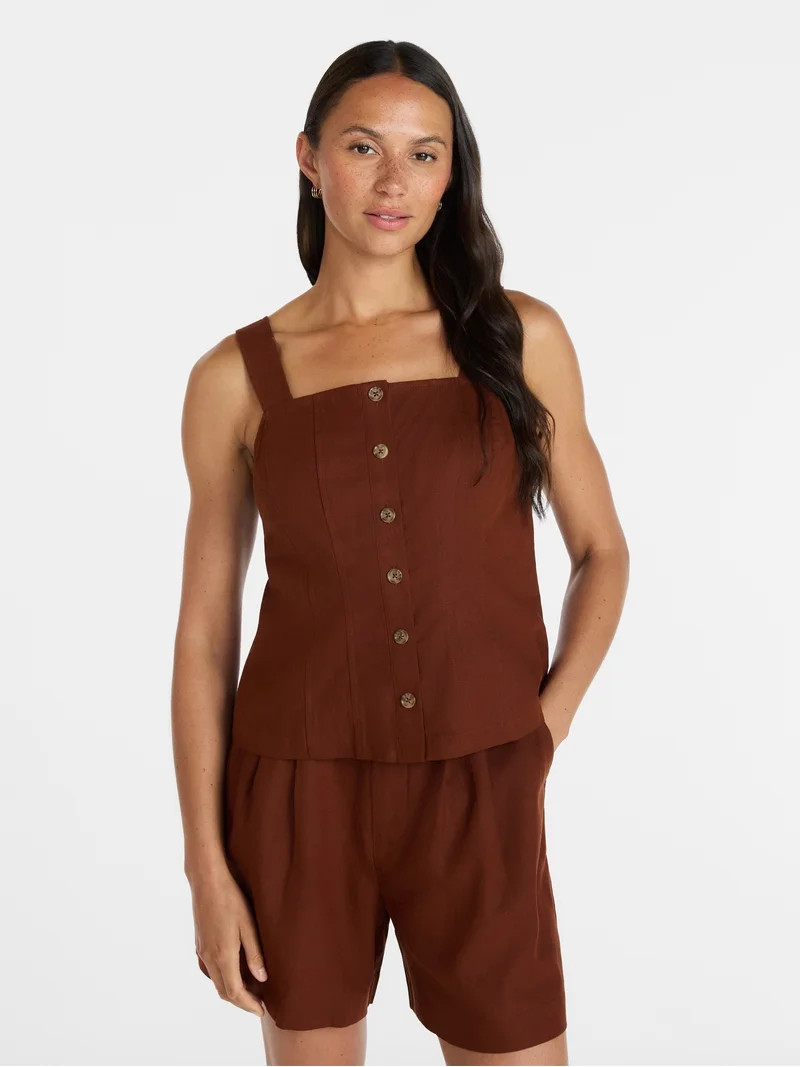 Time and Tru Women's Linen Blend Button Front Tank Top with Adjustable Straps, Sizes XS-XXXL | Walmart (US)