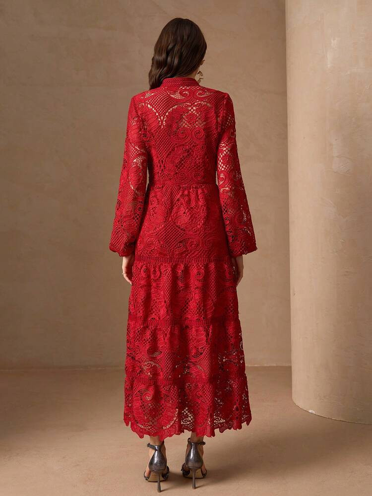 Elegant & Luxurious Stand Collar Open Front Covered Button Slim Fit A-Line Long Sleeve Dress For ... | SHEIN