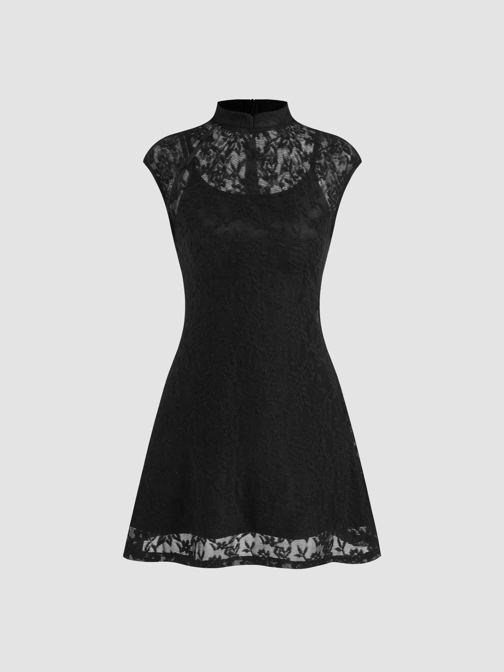 Knit Fabric Stand Collar Floral Lace Mini Dress With Cami Mini Dress For Work | Cider