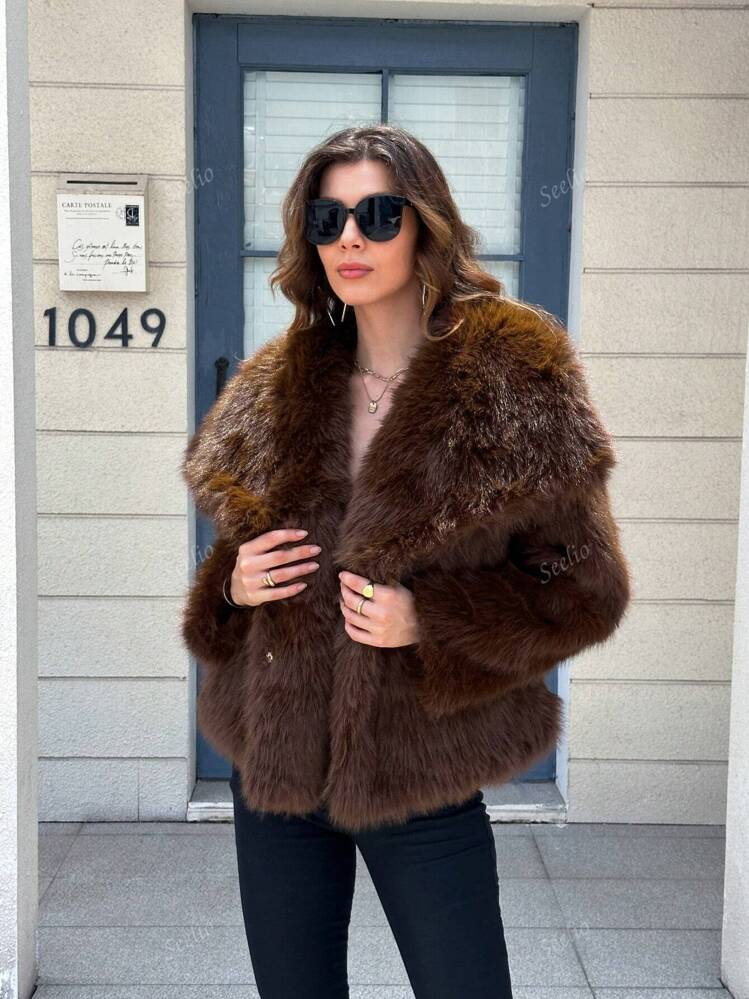 Cappotto In Pelliccia Di Volpe Con Cappuccio, Di Media Lunghezza, Nuovo Per L'autunno/Inverno, Elegante E Giovanile | SHEIN