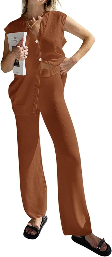 Tankaneo Womens Knit 2 Piece Outfits Sets Sleeveless Button Down Vest Tops Wide Leg Pants Lounge ... | Amazon (US)