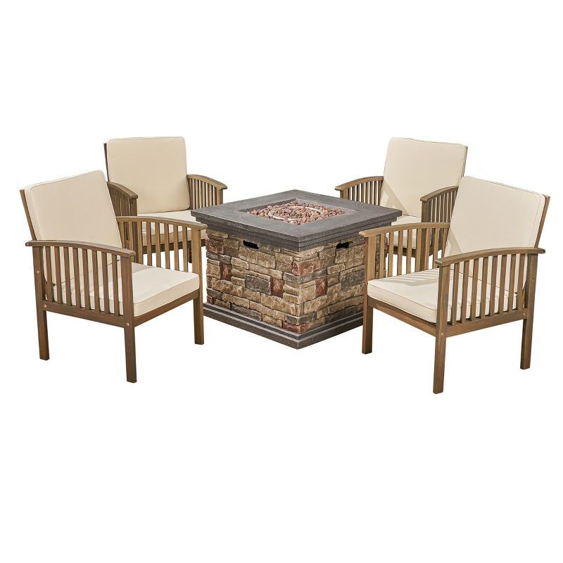 Carolina 5pc Acacia Club Chairs with Firepit - Gray/Cream - Christopher Knight Home | Target