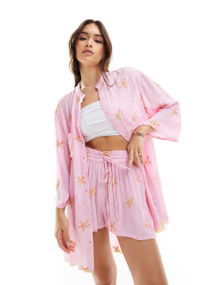 South Beach embroidered crinkle long sleeve beach shirt in pink | ASOS (Global)