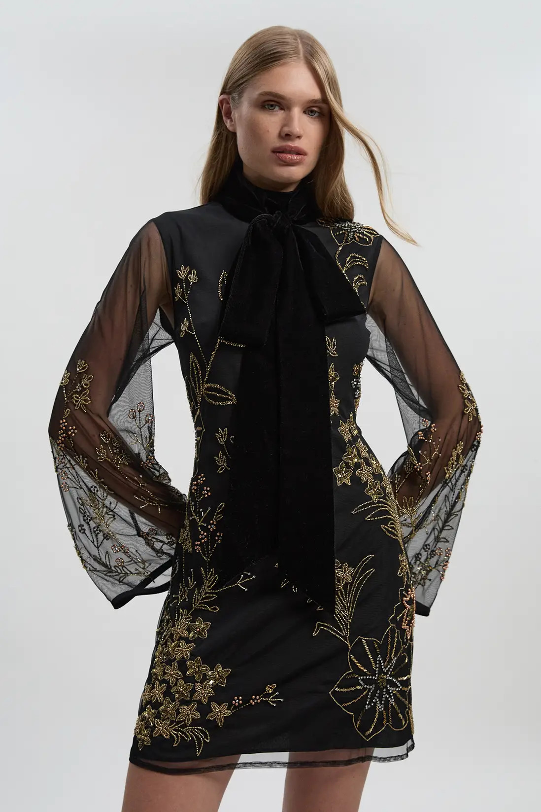 Dresses | Floral Applique Embellished Organdie Woven Mini Dress | KarenMillen | Debenhams UK