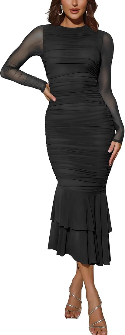 Atizon Elegant Ruched Bodycon Evening Dresses for Women Cocktail Party Formal Maxi Mermaid Dress | Amazon (US)