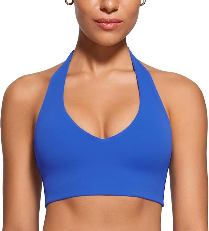 Womens Halter Longline Sports Bra Padded Low Back Yoga Bar Workout Crop Top with Built in Bra | Amazon (US)