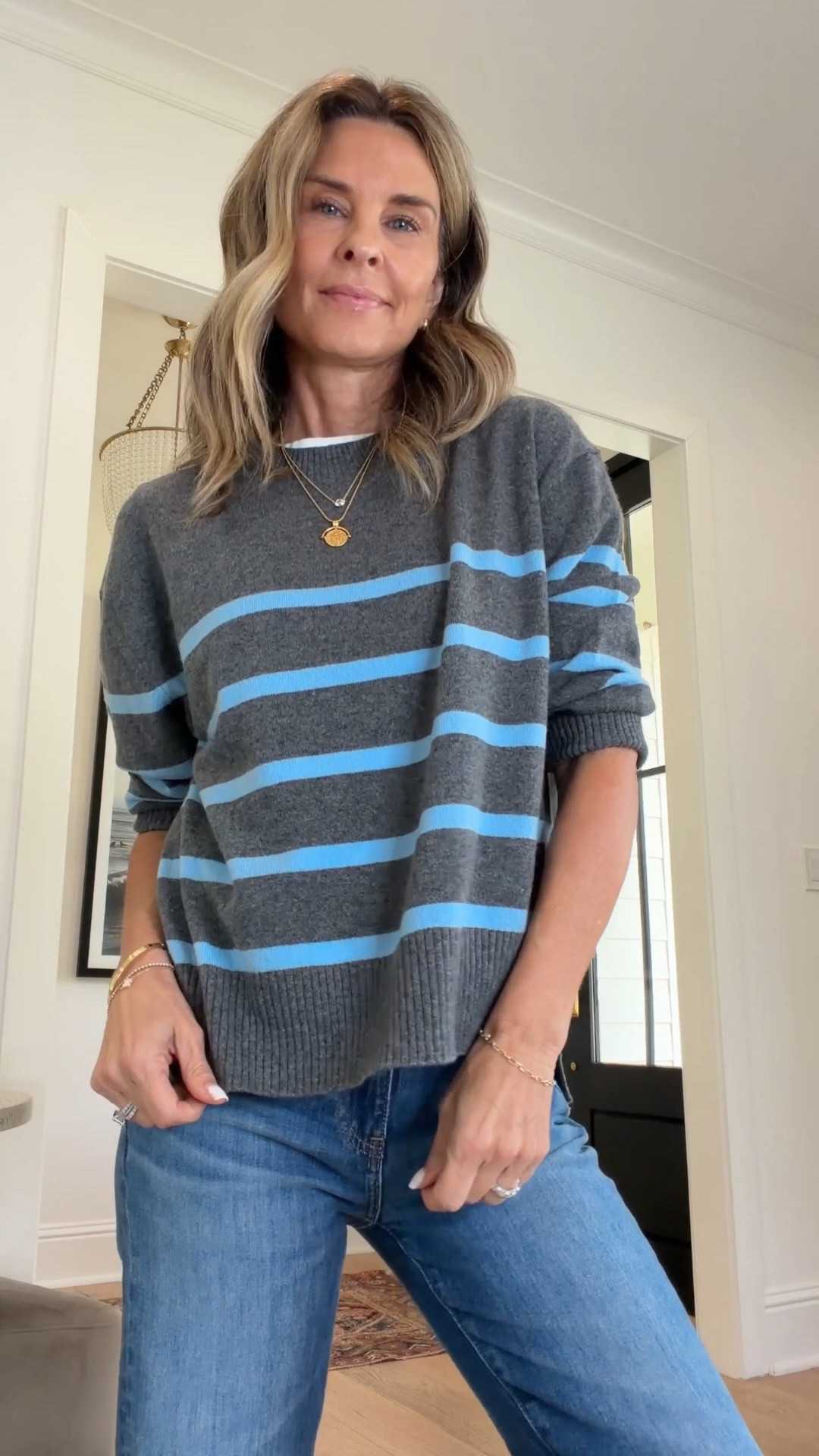 I’m 5’6
-Gray and blue striped cashmere XS @Boden (US)  
-navy suede flats 6.5
-mid rise stretch denim 24
-light blue suede bag with gold hardware

#LTKgrwm #LTKOver40