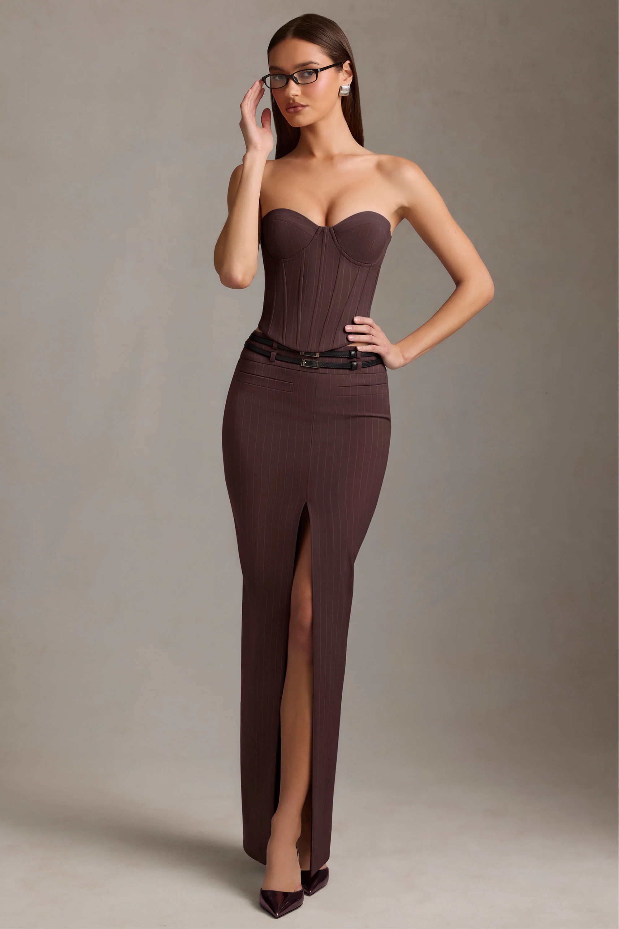 Pinstripe Low-Rise Maxi Skirt in Chocolate Brown | Oh Polly