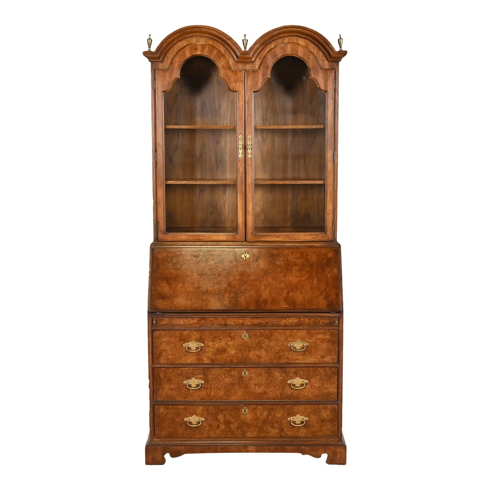 Georgian Burled Walnut Drop Front Secretary Desk With Bookcase Hutch by National Mt. Airy | Chairish