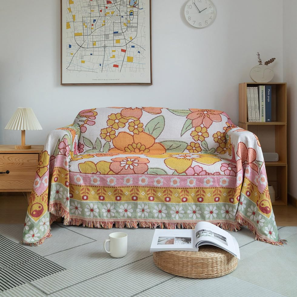 AMWAN Floral Pattern Sofa Cover 71'' X 118'' Cotton Crochet Machine Washable, Furniture Cover Cou... | Amazon (US)