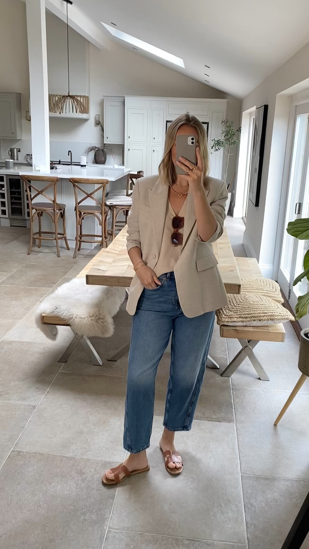 Neutral blazer styling with barrel jeans and knitted vest. 
Wearing a large in the blazer , 12 reg in the jeans and knit vest is past season but I have linked similar . 

#LTKSummerSale #LTKsummer #LTKuk