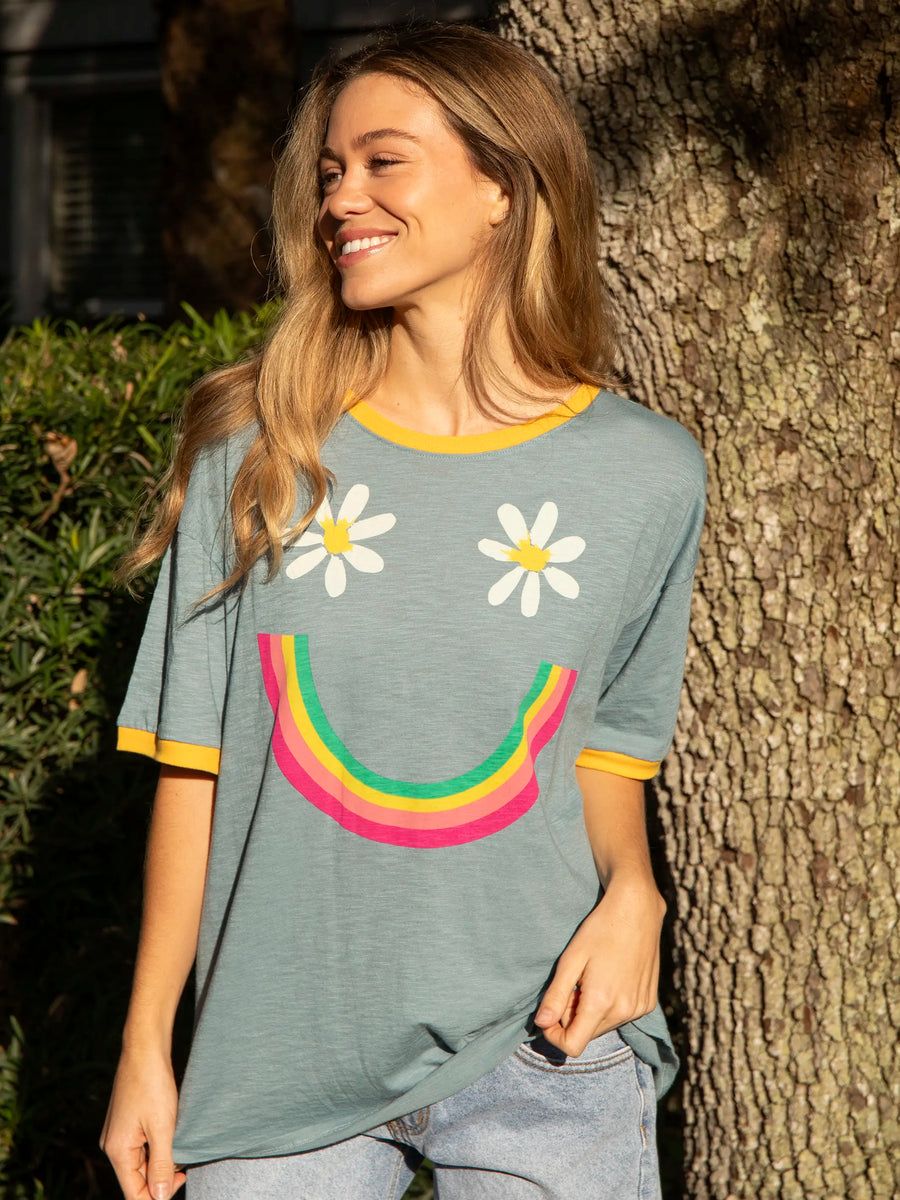 Ringer Oversized Tee Shirt - Dusty Blue Smiley | Natural Life