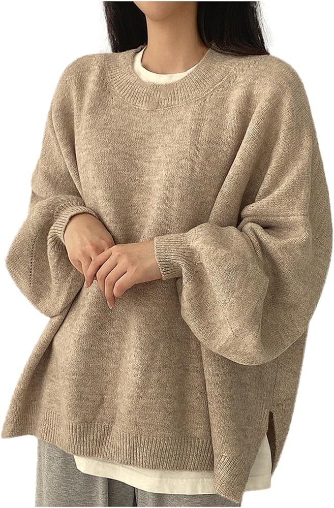 Womens Lightweight Sweaters Oversized Round Neck Long Sleeve Side Slit Pullover Sweater 2024 Fall... | Amazon (US)