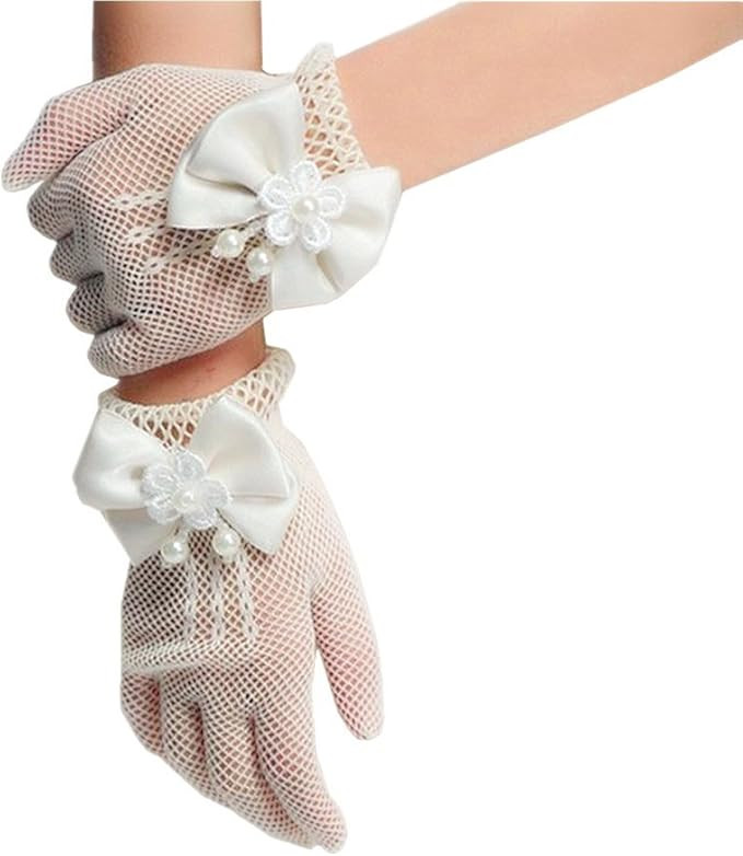 DreamHigh Wedding Flower Girls Mittens Pearl Bow Tie Fish Net Gloves- White | Amazon (US)