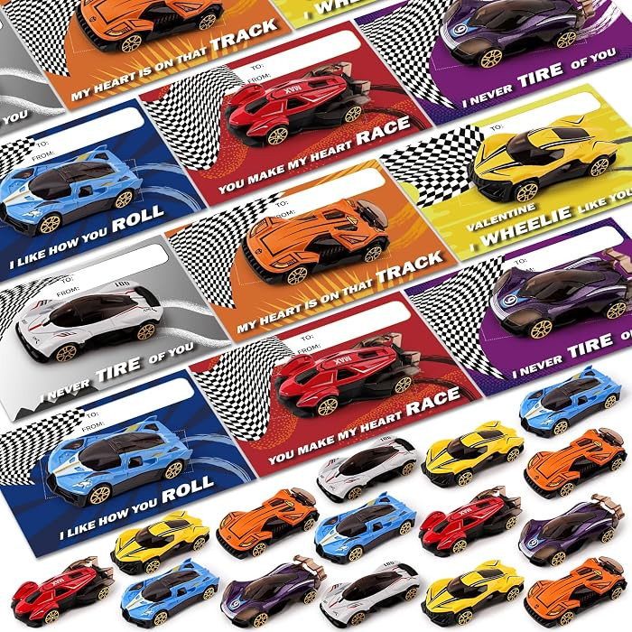 24 Pack Valentines Day Cards for Kids School Classroom, Metal Die-Cast Racing Cars with Valentine... | Amazon (US)