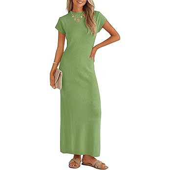 ZESICA Womens Summer Bodycon Maxi Dress 2026 Business Casual Short Sleeve Crewneck Knit Slit Spri... | Amazon (US)