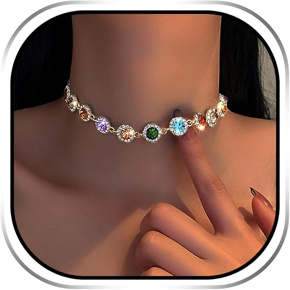 EARENT Colorful Crystal Choker Necklace Gold Rhinestone Chokers Sparkly Necklaces Chain Minimalis... | Amazon (US)