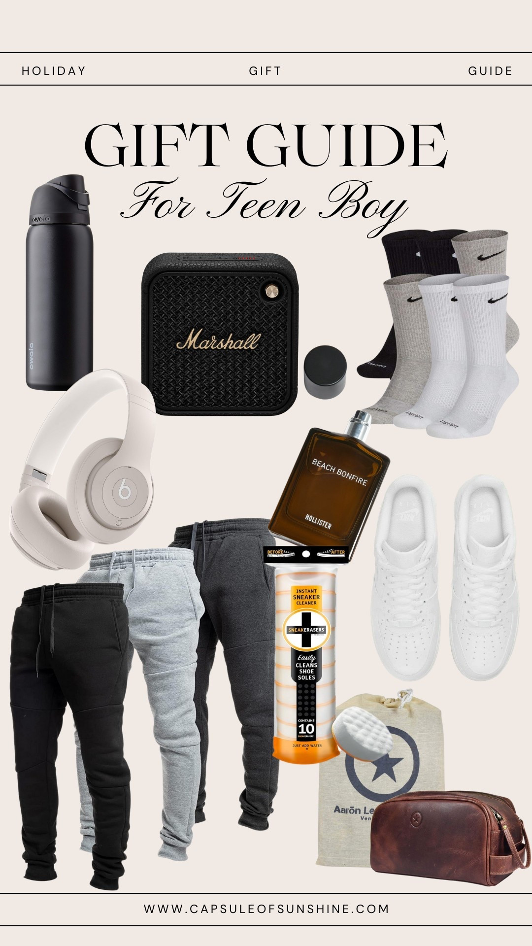 Need the perfect gift for a teen boy? This guide is packed with stylish, practical, and trendy picks he’ll love! From comfy joggers to must-have accessories, these gifts are sure to impress.

🔥 Featured items include:
✔️ Beats wireless headphones for high-quality sound
✔️ Marshall portable speaker for on-the-go music
✔️ Owala water bottle for staying hydrated
✔️ Hollister Beach Bonfire cologne for a fresh scent
✔️ Nike socks & Air Force 1 sneakers for everyday style
✔️ Sneaker cleaning wipes to keep kicks fresh
✔️ Leather toiletry bag for grooming essentials

#GiftGuide #TeenBoyGifts #HolidayShopping #CapsuleOfSunshine

#LTKActive #LTKU #LTKKids