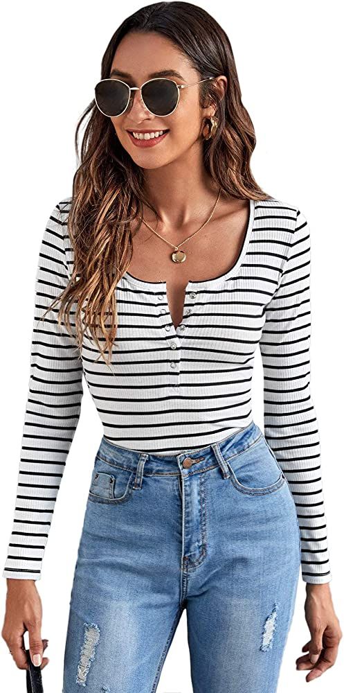 SweatyRocks Women's Casual Long Sleeve Ribbed Knit Button Henley Striped T Shirt | Amazon (US)