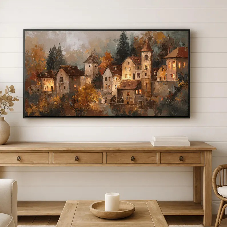 Vintage European Village in Autumn Painting Frame TV Art, Autumn City Painting, Country Farmhouse... | Etsy (US)