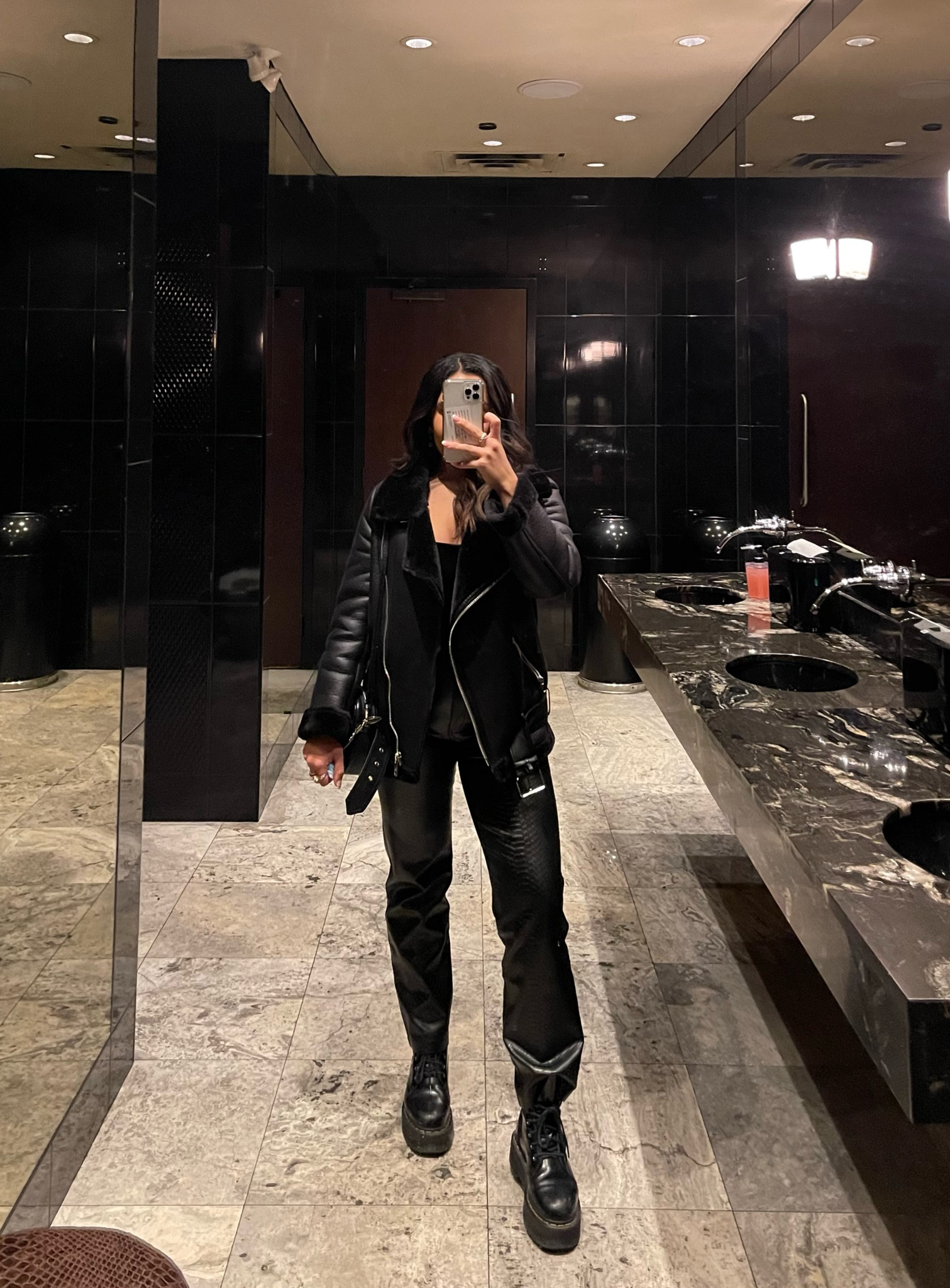Outfit inspo for a night out / date night / dinner in winter 🖤 leather pants, chunky jacket, and boots are 🤌🏽 #LTKfashion #leatherpants #blackleatherjacket #blackboots #dinneroutfits #ootd #wintetoutfit 

#LTKSeasonal #LTKstyletip #LTKparties