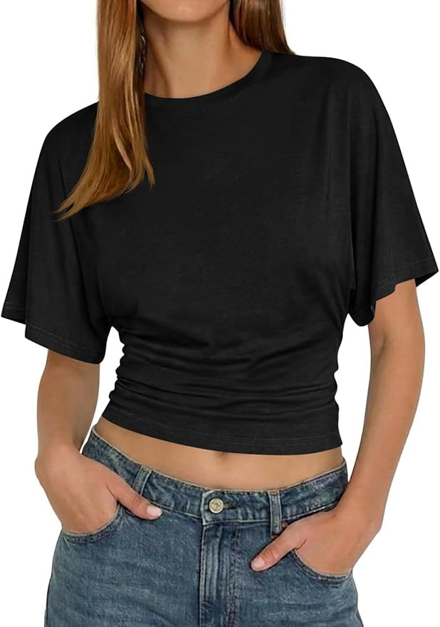 Tankaneo Womens Summer Short Sleeve Crop Tops Waisted Going Out Trendy Casual Loose Fit Basic Tee... | Amazon (US)