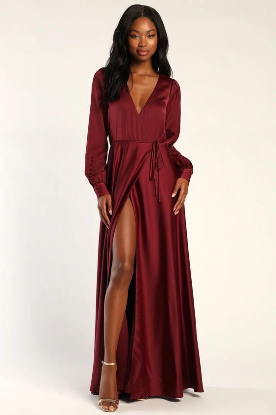 Eternal Amore Burgundy Long Sleeve Button Cuff Wrap Maxi Dress | Lulus (US)