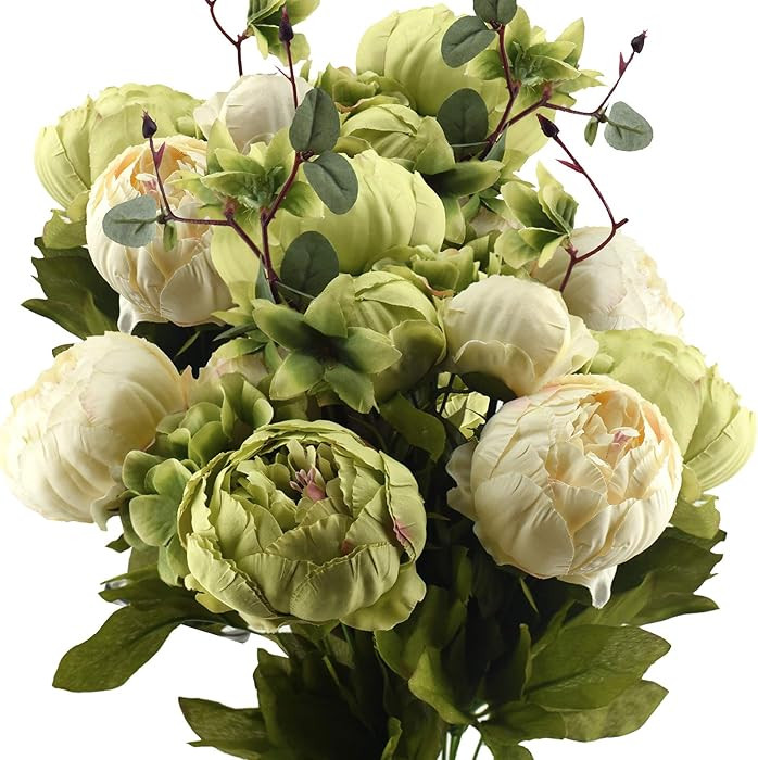 FiveSeasonStuff Cream Beige & Moss Green Artificial Peony Bouquet Set of 2 | Amazon (US)