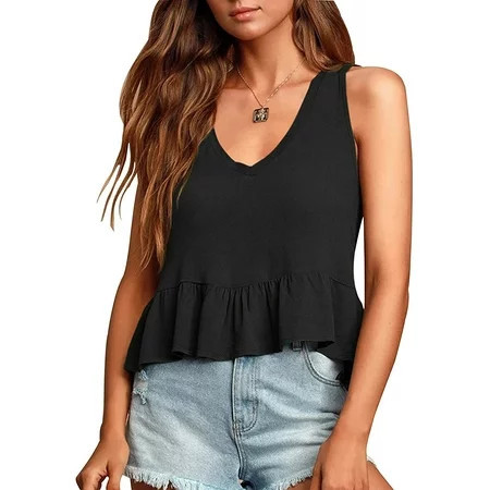 Women s Casual V Neck Peplum Ruffle Hem Sleeveless Babydoll Tank Top | Walmart (US)
