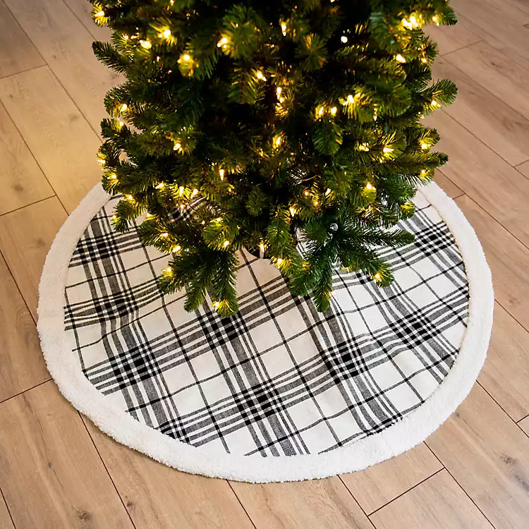 Black and White Plaid Fur Trim Tree Skirt | Kirkland's Home