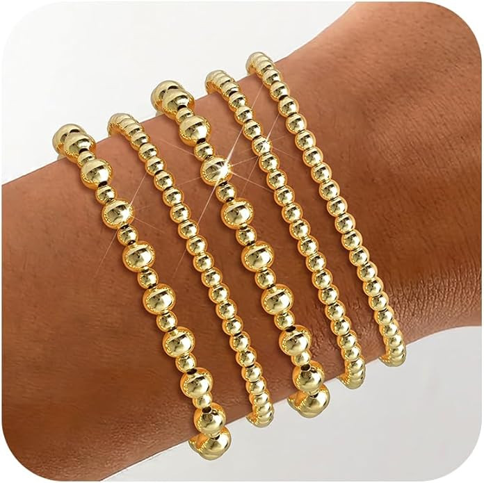 Wowshow Gold Bracelets for Women Gold Beaded Bracelets for Women Gold Bracelet Stack 14K Gold Pla... | Amazon (US)