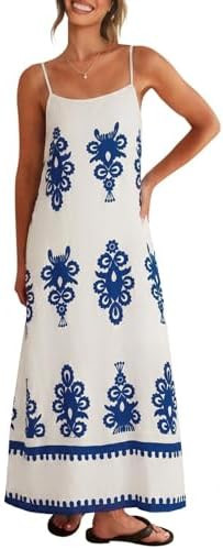 Glamaker Womens Summer Dresses 2026 Casual Floral Spaghetti Strap Flowy Maxi Dress Boho Sleeveles... | Amazon (US)