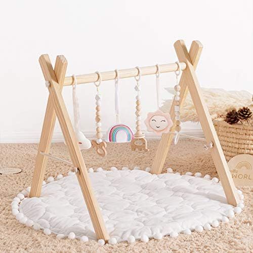 Wooden Baby Gym with 3 Wooden Baby Toys Foldable Baby Play Gym Frame Activity Gym Hanging Bar New... | Amazon (US)
