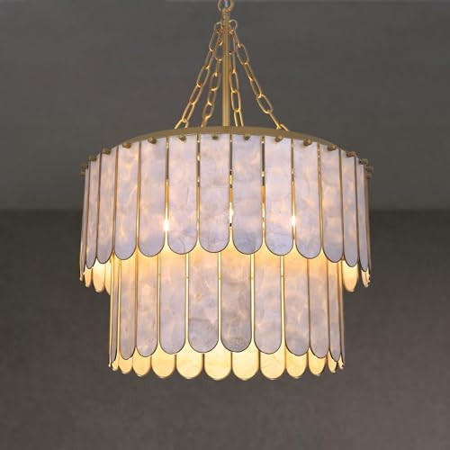TOCHIC Shell Chandelier Light Fixture, 5-Light Capiz Chandelier Coastal Gold Bathroom Chandeliers Over Tub, Modern Seashell Round Hanging Pendant Lighting for Dining Room Living Room Bedroom Hallway | Amazon (US)