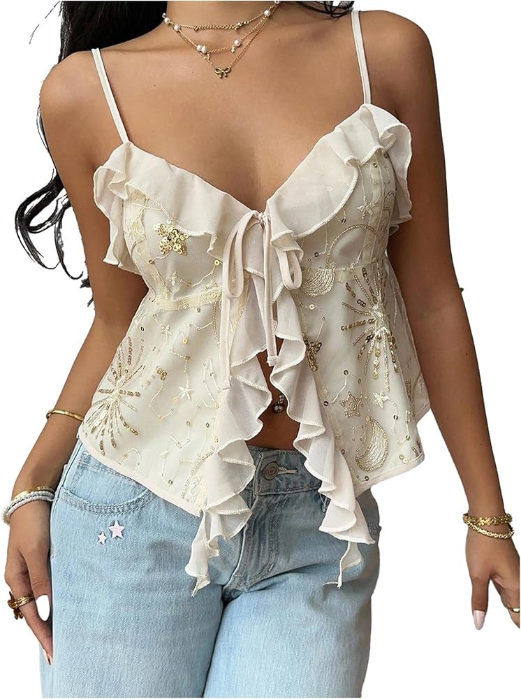 MakeMeChic Women's Y2k Sparkly Sequin Tops Going Out Tie Front Ruffle Tops Cute Summer Camisole | Amazon (US)