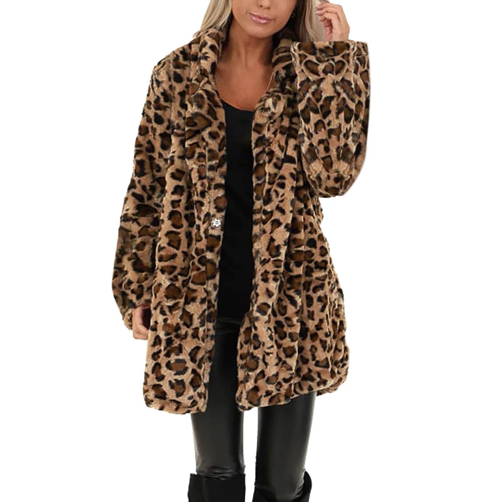 XUAPAODT Jackets Coats For Women Loose Cardigan Crew Neck Long Sleeve Leopard Dot Furry Coat Jack... | Walmart (US)