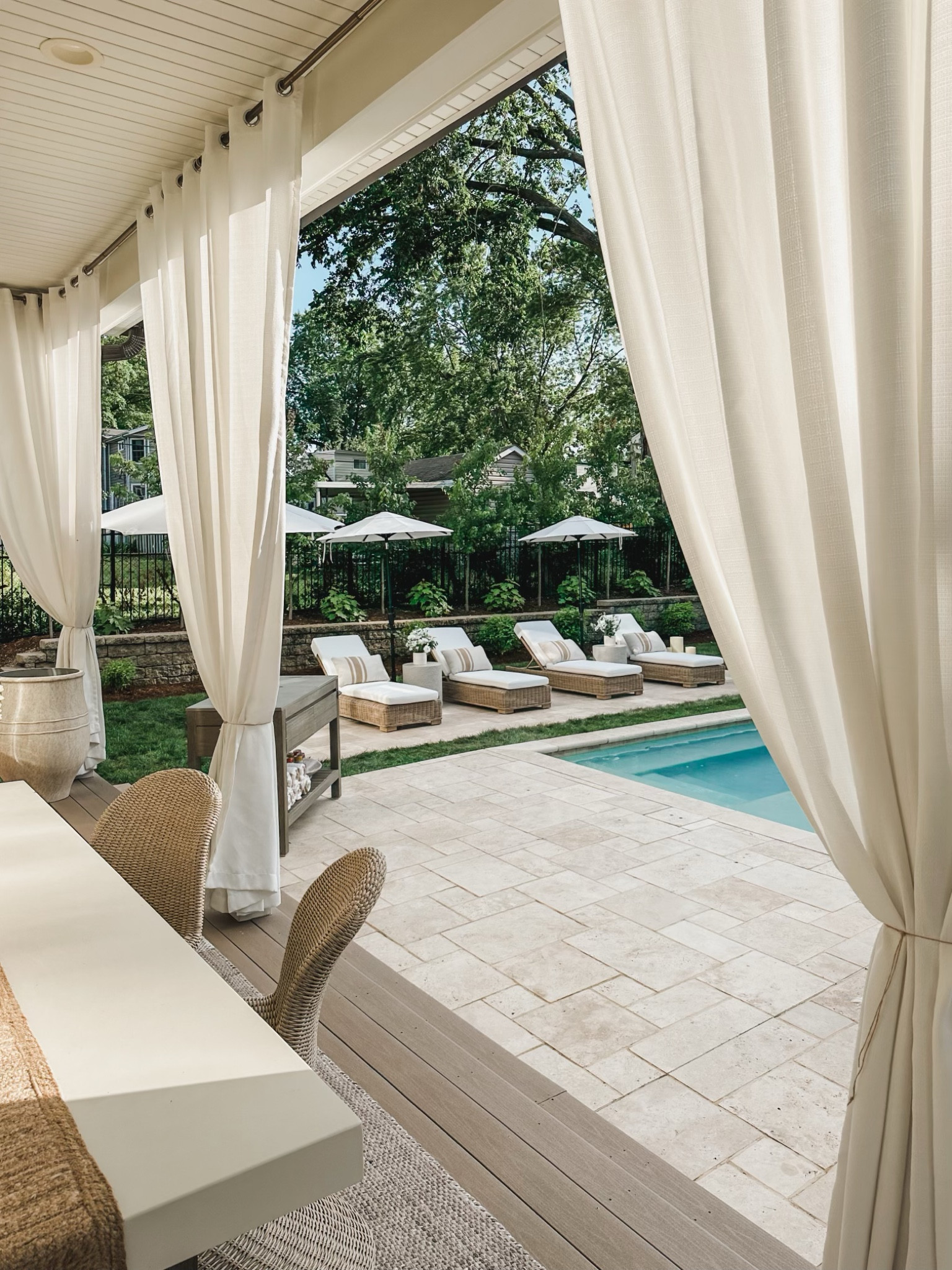 Bright and airy Pottery Barn patio space with flowing outdoor curtains, wicker chaise lounge chairs, and outdoor dining space

Patio refresh, outdoor dining, summer entertaining, outdoor furniture, chaise lounger, wicker furniture, outdoor curtain, kitchen island, Pottery Barn style, umbrella faves, table runner, outdoor planter, neutral style, light and bright, outdoor area rug, jute rug, shop the look!

#LTKSeasonal #LTKHome #LTKStyleTip