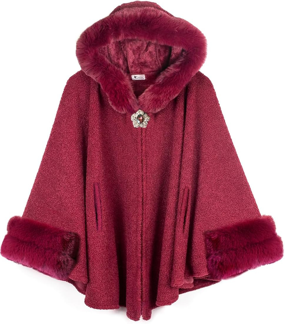 Dahlia Women's Winter Poncho Cape with Faux Fur Trim & Fleece Lined | Amazon (US)