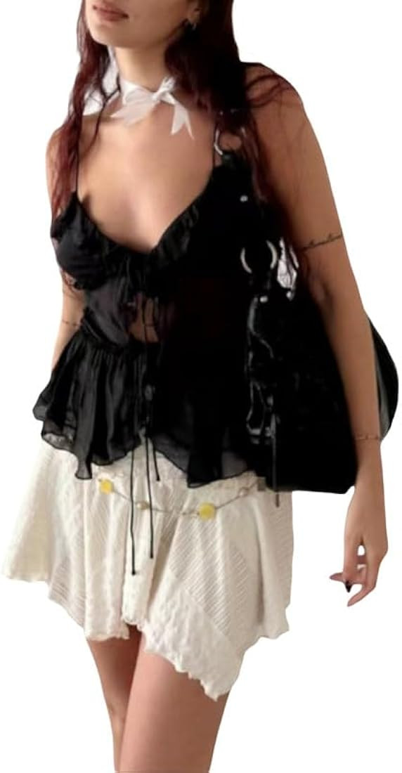 Women Spaghetti Strap Lace Crop Camisole Sleeveless V Neck Cami Top Vintage Backless Tank Top Y2k... | Amazon (US)