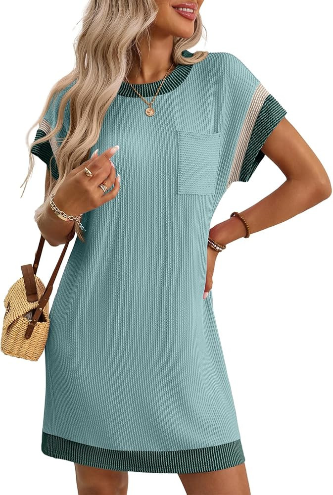 Amilia Women's Crew Neck Color Block Short Sleeve Casual Basic Loose Summer Tunic Mini Dresses | Amazon (US)
