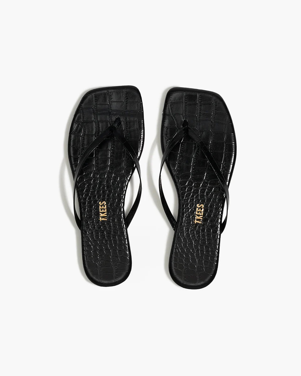 TKEES Square Toe Lily Croc Leather Flip Flops in Sable | TKEES