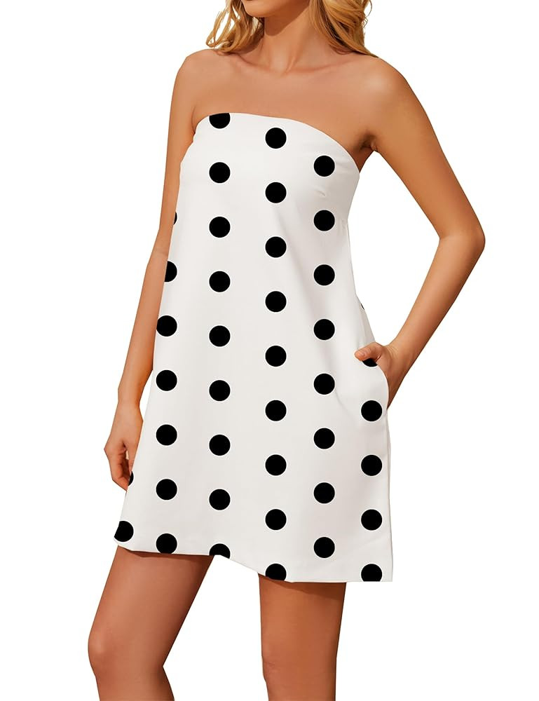 Livtany Women Off Shoulder Tube Dress Polka Dot Strapless Sleeveless with Pocket Bandeau Dress Cu... | Amazon (US)