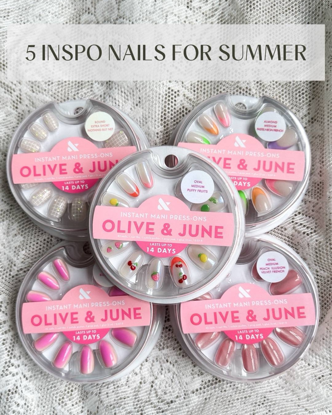 Inspo Nails For Summer 2025 - Recession Nails Best Press On Nails #giftedbyoliveandjune

Inspo Nails For Summer 2025! Press on nails under $10 by Olive & June! Loving these funky cute nail designs!

Nail design trends: 3d puffy fruits, nothing but net, pastel neon French tip, peach velvet French, pink blush aura

Budget-friendly options: under $10 press on nails

Color swatches: white with summer fruits nail design, tennis net criss cross with embellishment, neon nails, velvet cat eye pink nails, bright pink nails

trending summer nails for 2025
trending nails for june 2025
#nails #pressonnails #summernails #cutenailsdesign #nailinspo #nailart #summernailinspo #nailstiktok #recessionnails

#LTKBeauty #LTKSummerEdit #LTKFindsUnder50