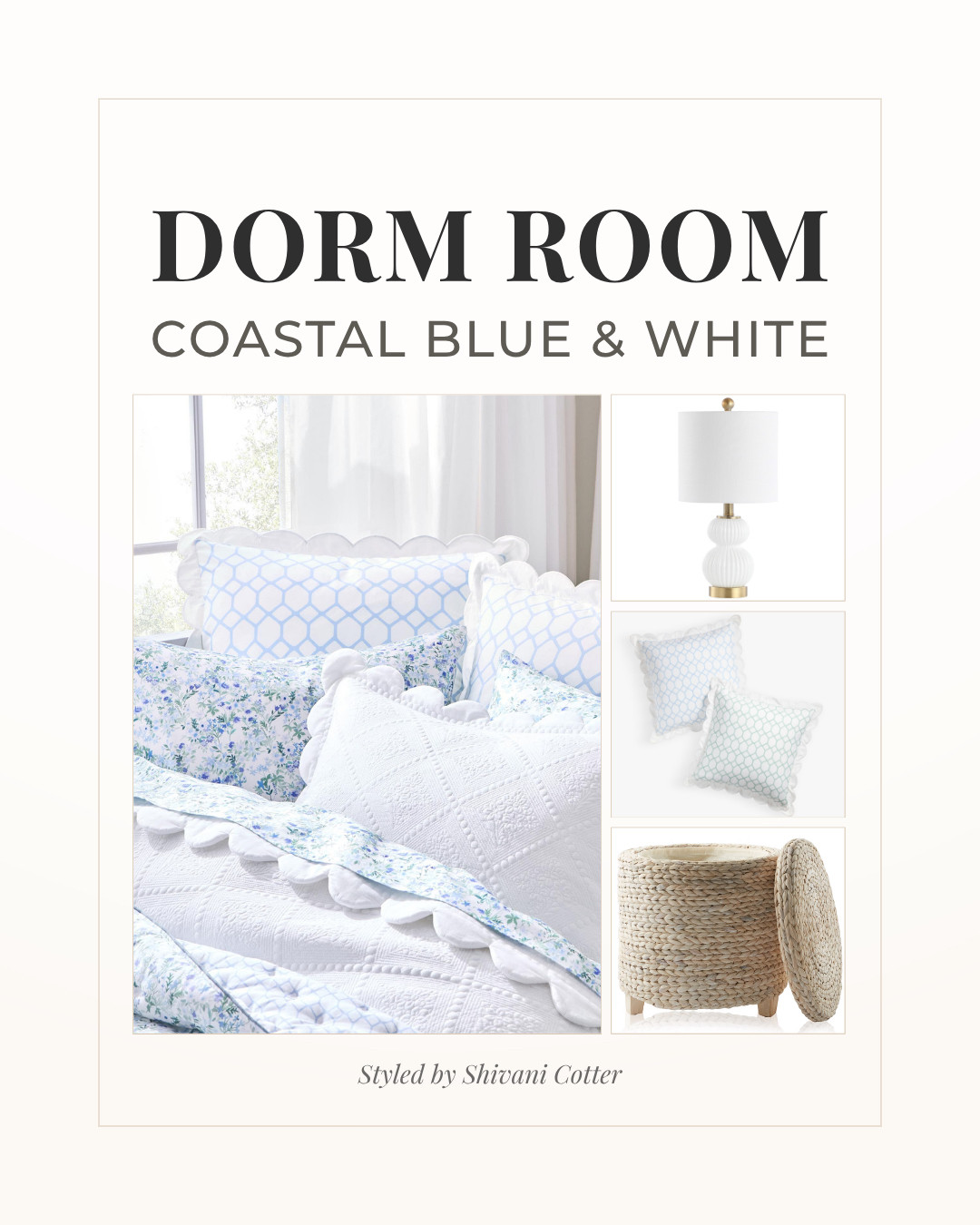 Coastal Blue & White Dorm Room ⛵︎Preppy College Decor + Bedding Ideas
If you love a dorm room that feels clean, bright, and timeless, this coastal blue and white look is one of the easiest ways to elevate your space.
Soft blues, crisp whites, and layered textures create that fresh, preppy feel that never goes out of style.
What makes this look work:
• Blue + white bedding for a light, coastal palette
• Reversible pieces to mix, match, and switch it up
• Textured pillows + coverlets for a layered, designer look
• Neutral storage pieces that keep the room feeling clean
• Functional decor that doubles as organization
This is the kind of dorm room that feels calm, polished, and put together from day one.


 

 

#LTKHome