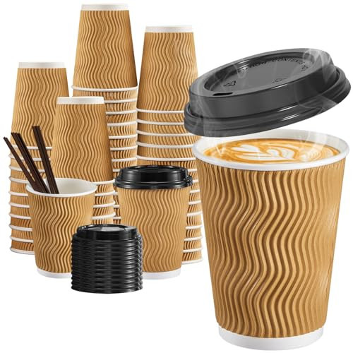 SIUQ 12 oz Coffee Cups-90 Pack Disposable Coffee Cups with Lids and Straws, Insulated Ripple Wall To Go Paper Coffee Cup for Coffee, Hot Chocolate and Hot Tea Drinks - Champagne | Amazon (US)