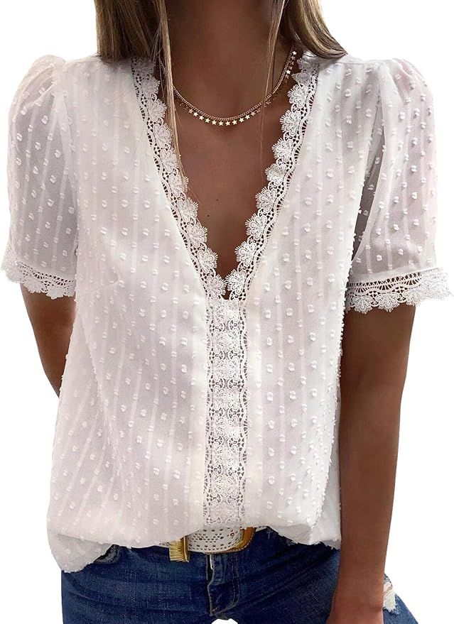 Astylish Womens Sexy Lace V Neck Tops Casual Jacquard Pom Pom Shirt Blouses | Amazon (US)
